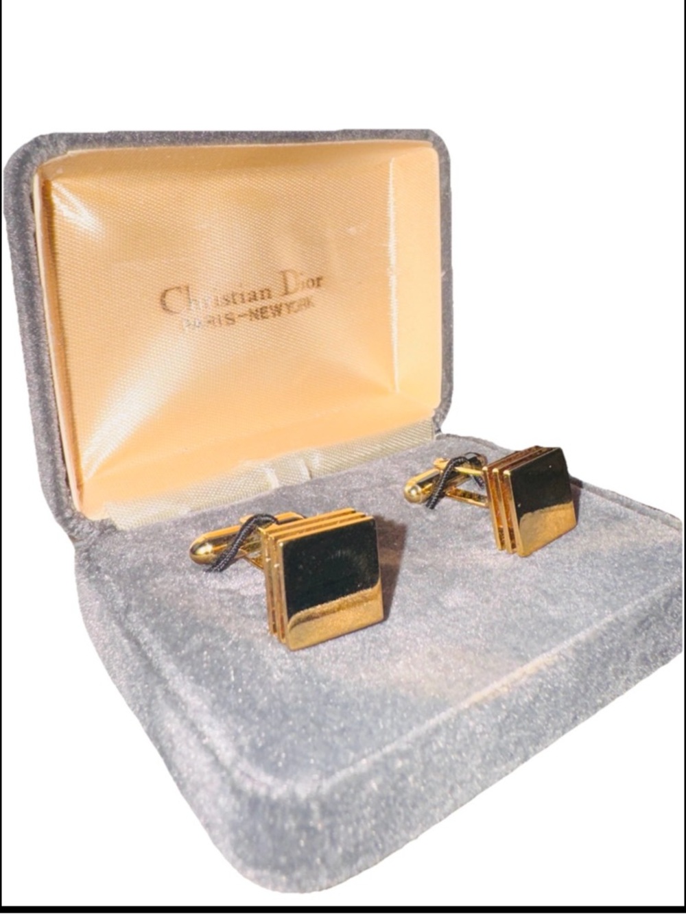 Vintage Christian Dior Gold Tone 3 Tiered Square Cufflinks w Original Box
